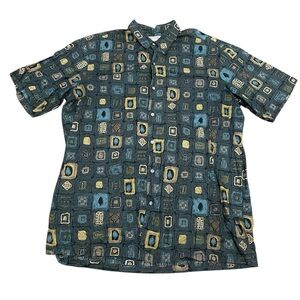 Men's Short-Sleeve Button-Up Shirt - Teal Geometric Print